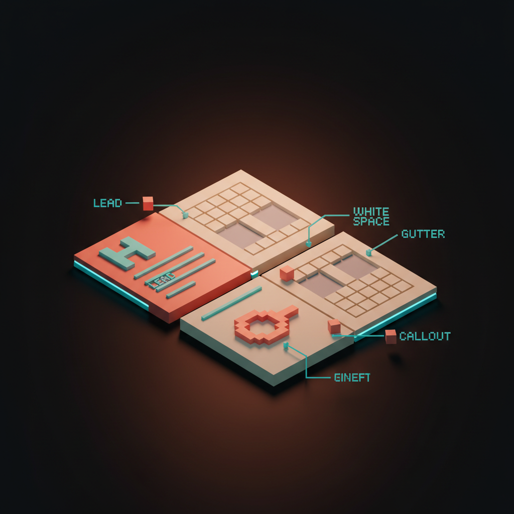 Voxel diagram of a magazine spread split open, with arrows and small annotation cubes pointing to lead, hierarchy, grid, gutter, white space, and callouts, in soft pastel coral and cream against a dark backdrop.