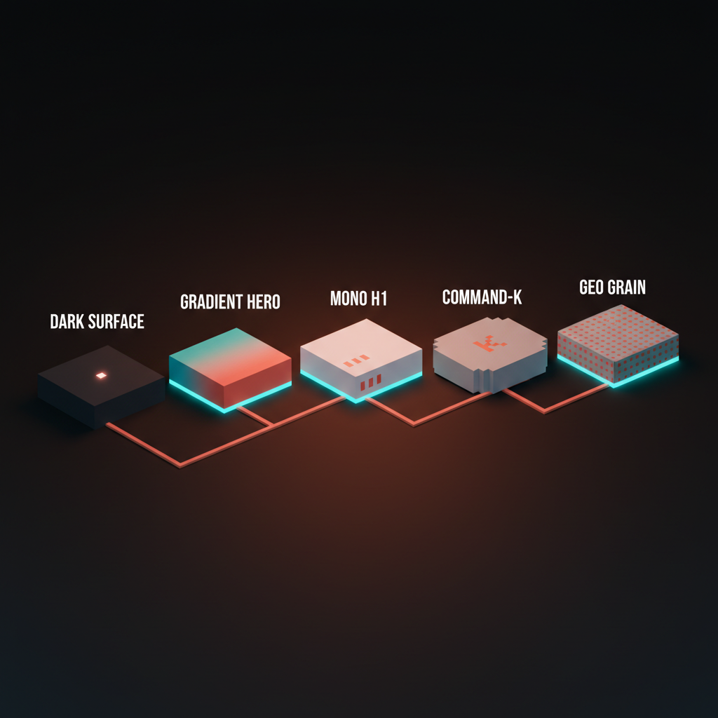 Voxel diagram of five labeled cards in a row, each representing one tell of the visual monoculture: dark surface, gradient hero, monospace H1 accent, command-K pill, geometric grain