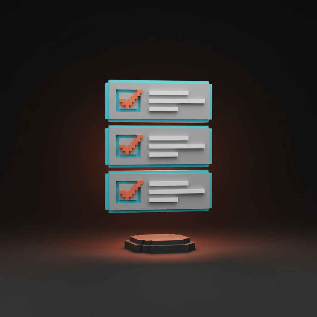Voxel rendering of a vertical checklist card stack tilted slightly toward the camera, four rows with coral checkboxes representing the identity audit