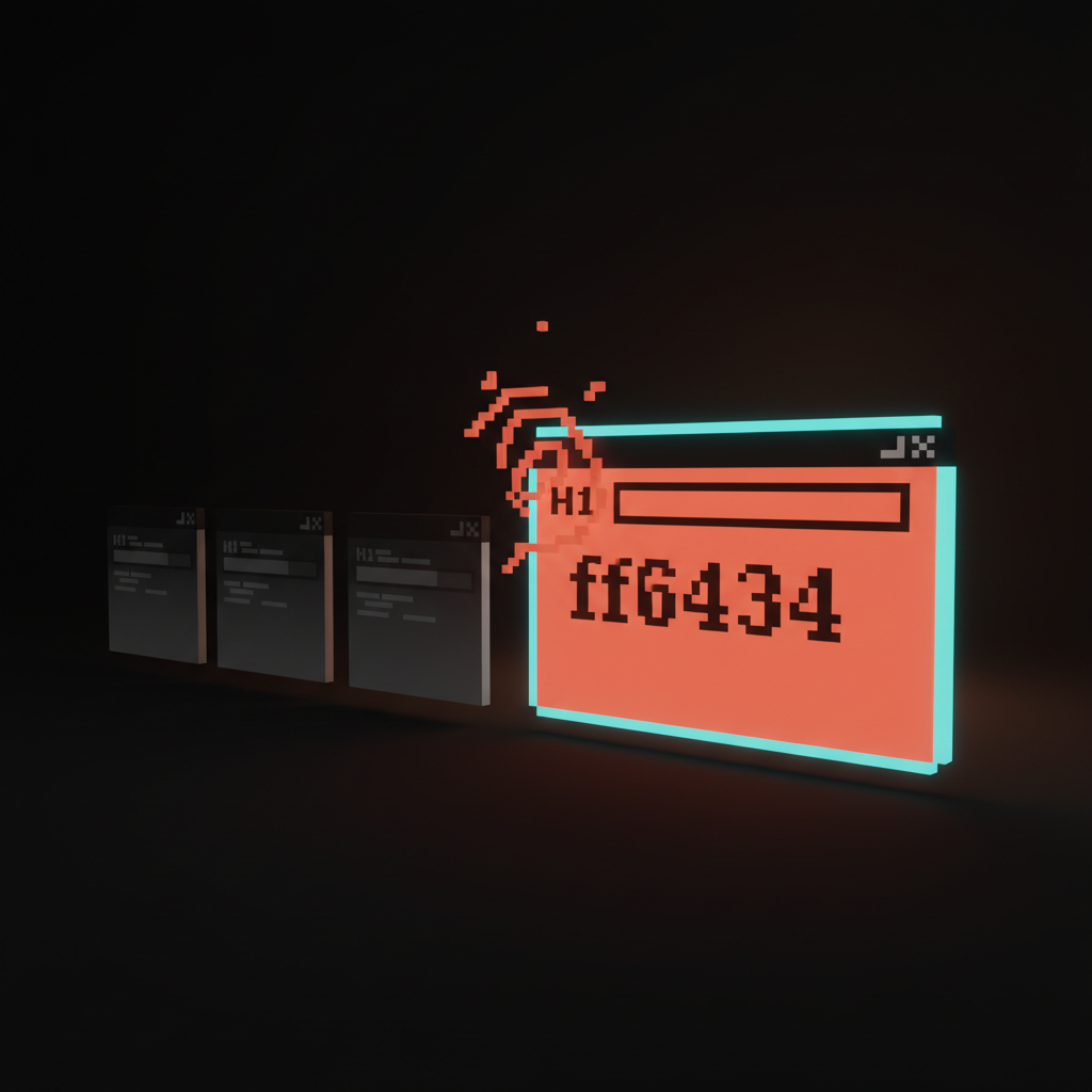Voxel composition of a single oversized product window with a high-saturation coral hero and a serif H1, breaking the template against three faded standard-template windows