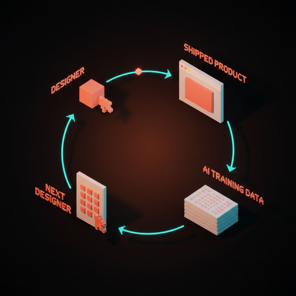 Voxel flow diagram of a closed loop with four nodes representing designer, shipped product, AI training data, and next designer, connected by coral arrows in a circle