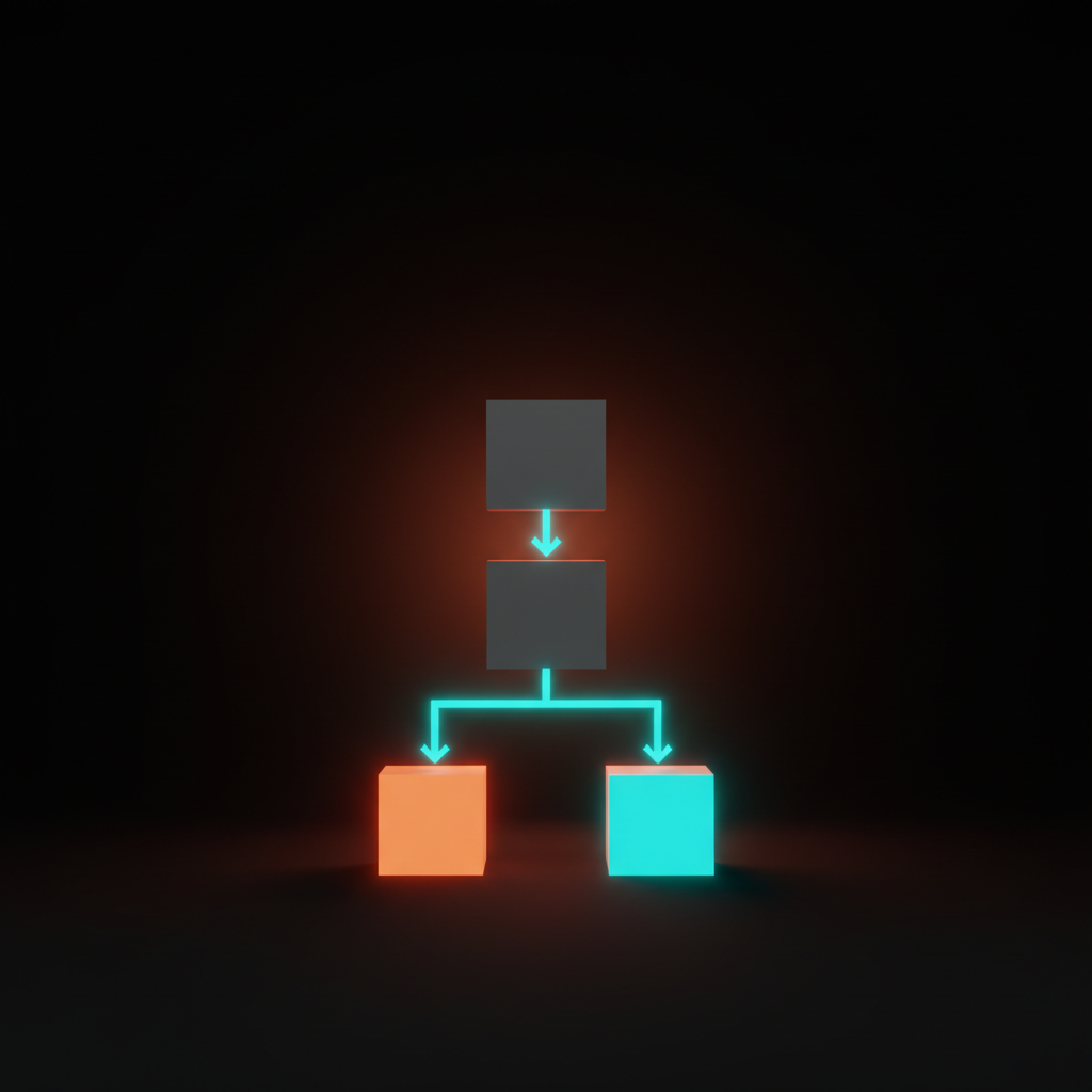 Silhueta de fluxograma voxel com três pequenos blocos pesados ​​empilhados verticalmente, conectados por finas linhas descendentes, terminando em dois blocos terminais na parte inferior, um coral e um ciano, que se assemelha a uma árvore de decisão.