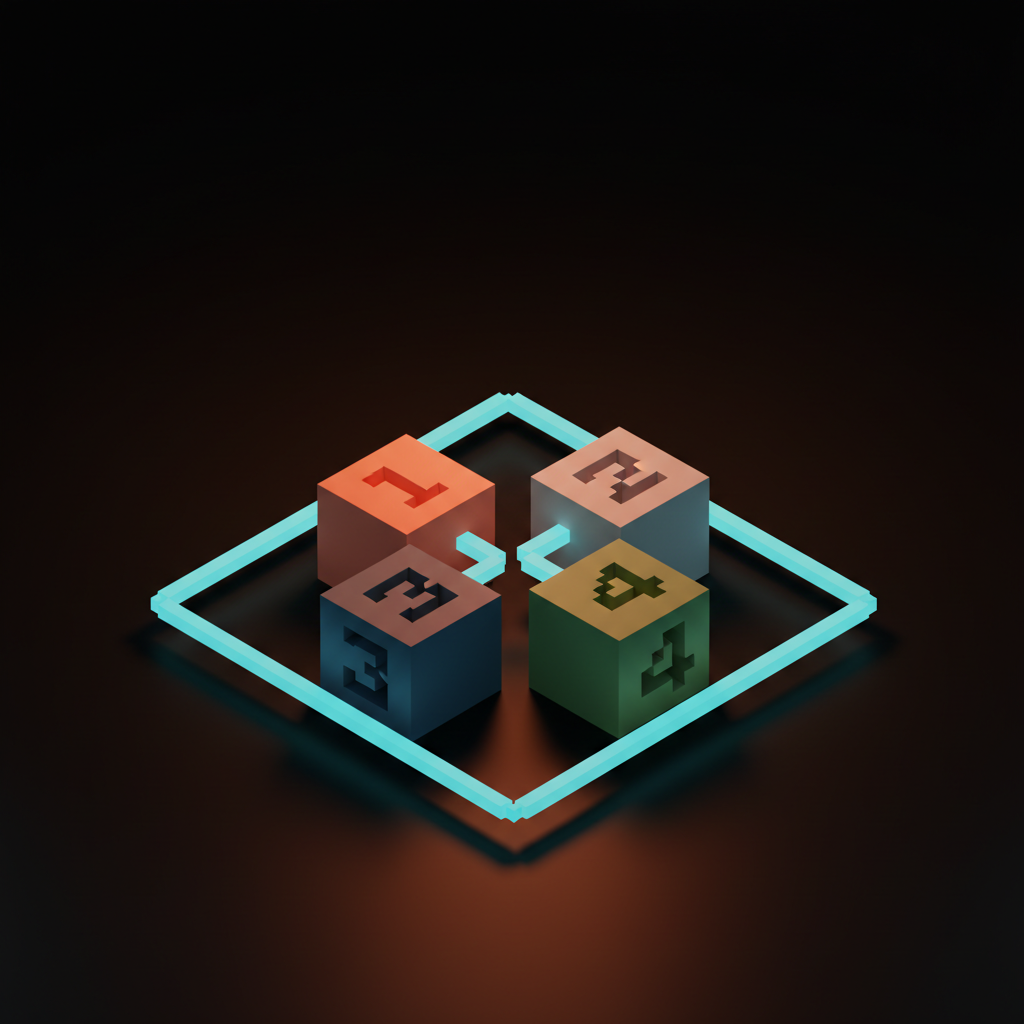 Diagrama voxel de quatro pequenos blocos pesados ​​dispostos em uma grade 2x2 no chão do estúdio, conectados por linhas finas formando um quadrado, com dígitos de um a quatro gravados em cada face do bloco.