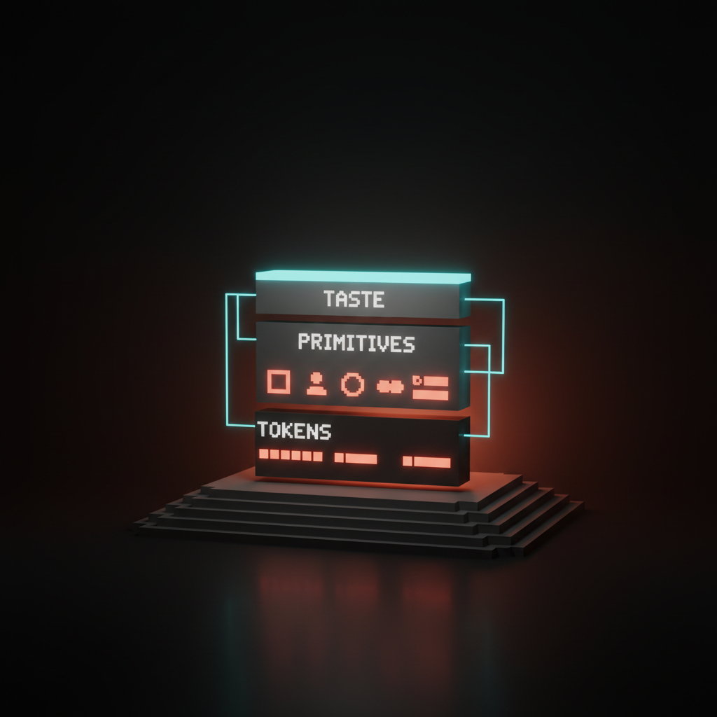 Voxel three-tier stack on a pedestal, bottom slab labeled TOKENS, middle PRIMITIVES, top TASTE, the top slab brighter with a cyan glow
