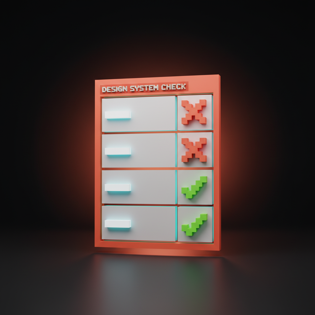 Voxel decision matrix card stack tilted toward the camera, five voxel rows split into question and check or X cells, framed by coral rule and labeled DESIGN SYSTEM CHECK