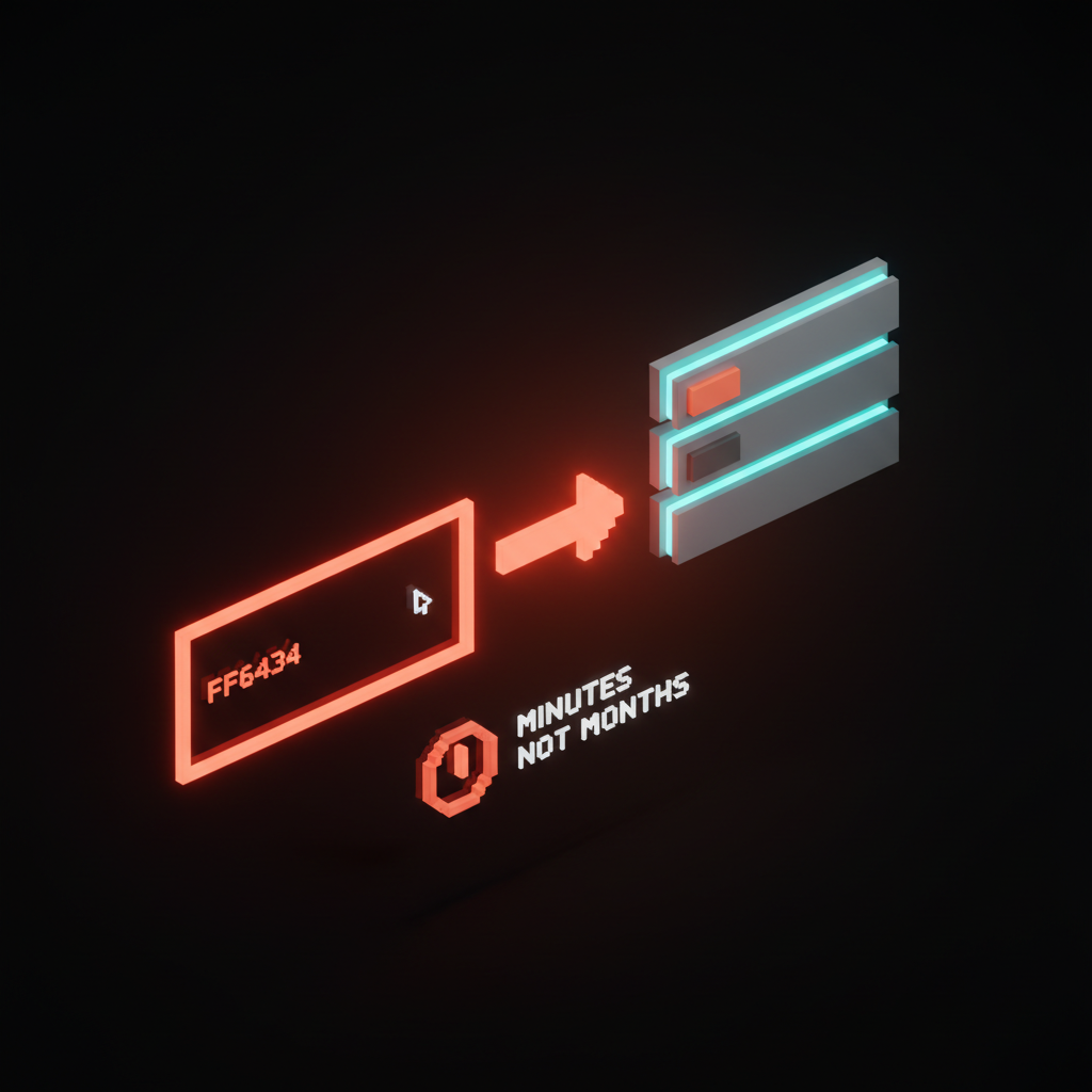 Voxel diagram of a coral-bordered prompt input on the left connected by an arrow to a voxel card showing a button, input, and card stacked together, with a tiny voxel clock reading MINUTES NOT MONTHS