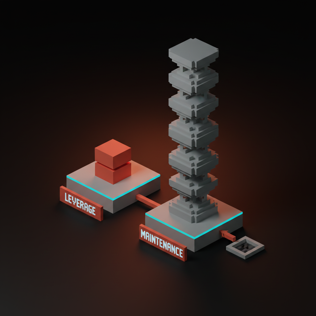 Voxel framework of two pedestals labeled PAYOFF and MAINTENANCE, the maintenance stack of hour blocks dwarfing the payoff stack and feeding into a small voxel drain